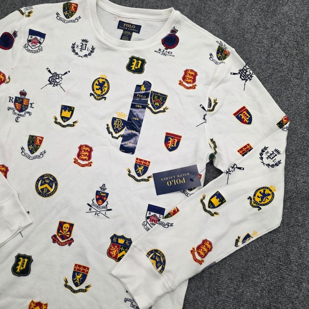 Polo Ralph Lauren Men Waffle Knit Thermal Crest Print Shirt White Sleepwear - L